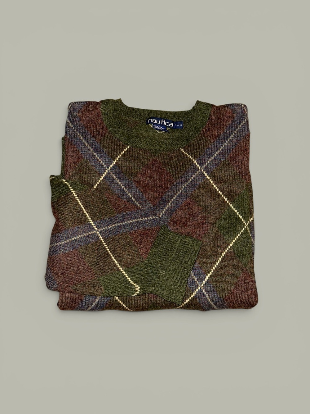 Vintage 90s Nautica Green Argyle Long Sleeve Crew Neck Wool Sweater Size Large
